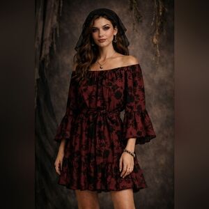 DEX Burgundy Black Roses Dress Tiered Bell Sleeves Size Medium Whimsigoth